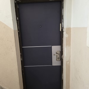 דלת כניסה עם ציפוי חדש במסדרון בניין
