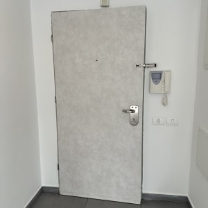 דלת עם ציפוי ומנעול, אינטרקום על הקיר