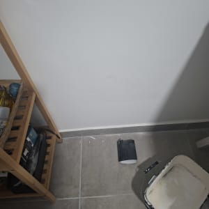 קיר צבוע עם כלי עבודה לצביעה על הרצפה