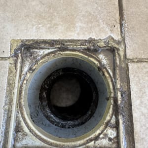 פתח ניקוז מלוכלך עם שאריות לכלוך ומים