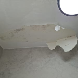 תקרת חדר אמבטיה עם צבע מתקלף ועובש עקב נזקי רטיבות