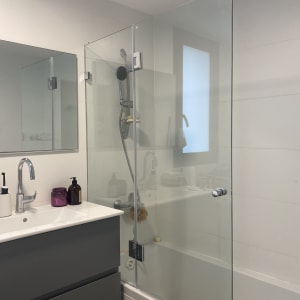 מקלחת עם דלת זכוכית, ראש מקלחת ומדף סבון