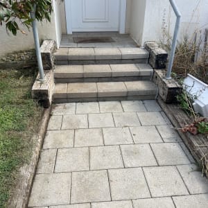 מדרגות מרוצפות עם מעקה ועץ קטן ליד הכניסה