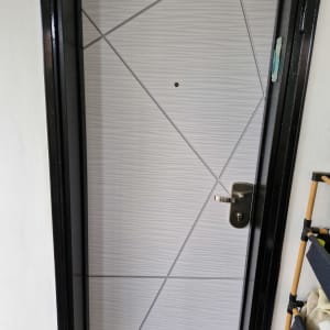 דלת עם ציפוי דקורטיבי גיאומטרי וידית מתכת