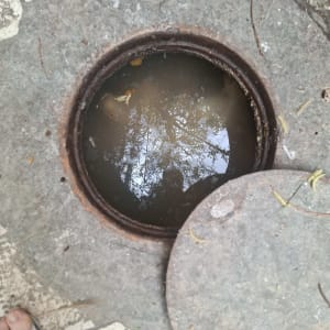 פתח ביוב עם מים עומדים ומכסה פתוח