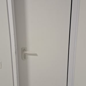 דלת לבנה עם ידית כסופה ומנעול