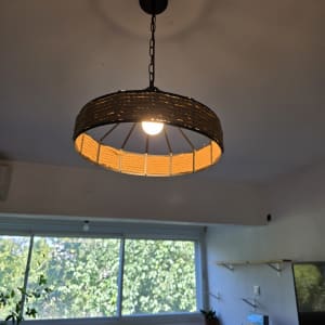 מנורה תלויה עם נורה דולקת בחדר עם חלון וצמחים