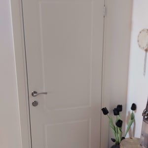 דלת לבנה עם ידית מתכת כסופה