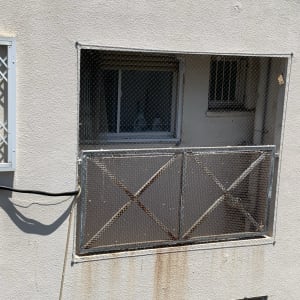רשת מתכת מותקנת על חלון למניעת כניסת יונים