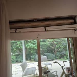 תריס פתוח ליד חלון עם נוף לגינה ואופניים