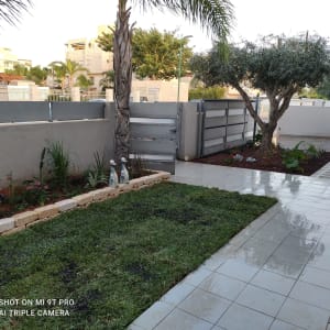 גינה עם דשא, עצים וערוגות פרחים