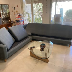 ספות אפורות עם כריות מונחות על הרצפה