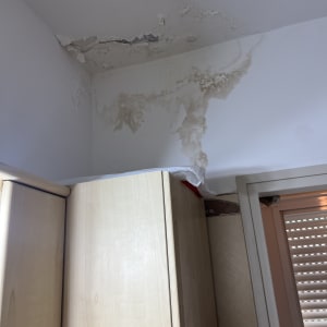 נזקי רטיבות בתקרה מעל ארון עץ