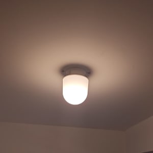 מנורה מותקנת בתקרה עם מוצרי ניקוי ברקע