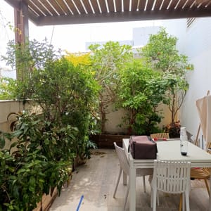 מרפסת עם צמחים ושולחן גינה