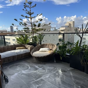 עציצים ירוקים על מרפסת עם רצפה רטובה