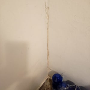 פינה עם סימני לכלוך על הקיר ובקבוקי מים