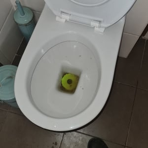 אסלה עם חומר ניקוי ירוק על רצפת אריחים