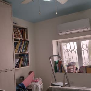 חדר עם מאוורר תקרה וסולם, קירות צבועים