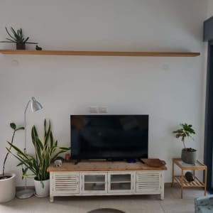 מדף עץ תלוי על קיר לבן עם עציץ קטן