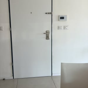 דלת כניסה לבנה מצופה בטפט חלק עם משקוף כהה