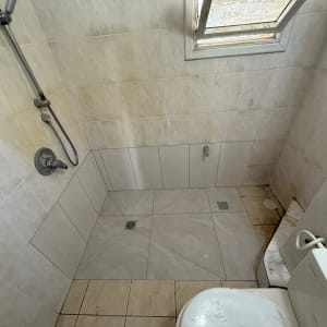 חדר אמבטיה עם מקלחת ושירותים