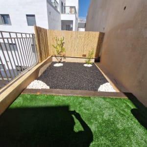 גינה קטנה עם דשא מלאכותי וצמחים צעירים