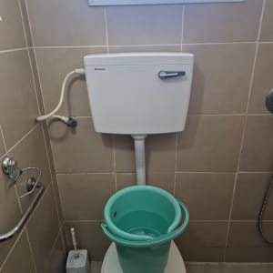 דלי ירוק על אסלה בחדר שירותים