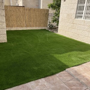 דשא ירוק עם גדר במבוק ועץ קטן