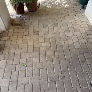 משטח אבנים משתלבות חיצוני לצד עציצים ומבנה