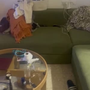 סלון עם ספה ירוקה ושולחן עגול