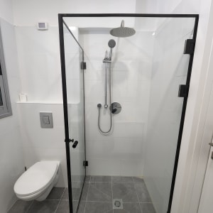 מקלחון זכוכית עם ראש מקלחת ותא שירותים