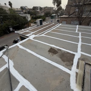 גג עם איטום לבן על רקע עירוני