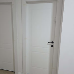 דלתות לבנות עם ידיות שחורות על רצפת עץ