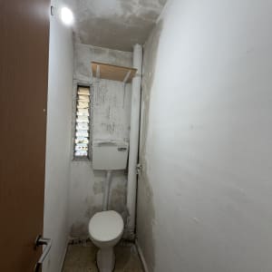 חדר שירותים לפני צביעה עם קילופי צבע ונזקי רטיבות בתקרה