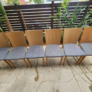 שישה כיסאות עץ עם מושבים מרופדים באפור