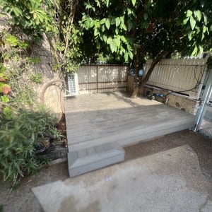 דק עץ בגינה עם צמחייה מסביב ועץ גדול