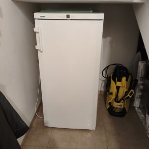 מקרר לבן עם מכשיר ניקוי צהוב לידו