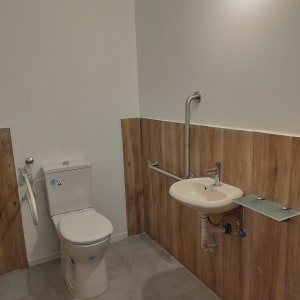 שירותים עם כיור, ידית אחיזה וקיר מחופה עץ