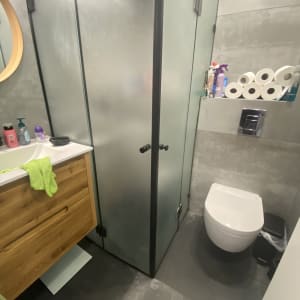 מקלחון זכוכית עם דלתות מט בחדר אמבטיה