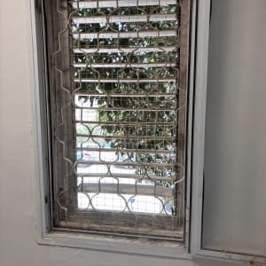 חלון עם סורג מתכת ועצים ברקע