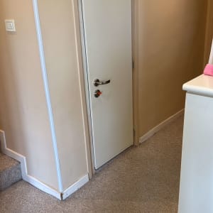 דלת לבנה עם ידית מתכת במסדרון