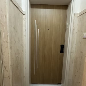 דלת עץ עם עיצוב מתכת במבואה