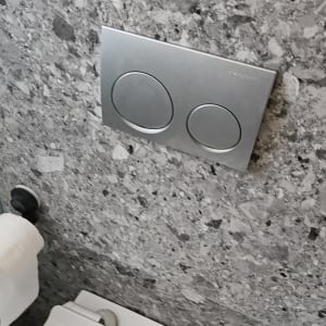 לחצן הדחה בשירותים עם קיר שיש