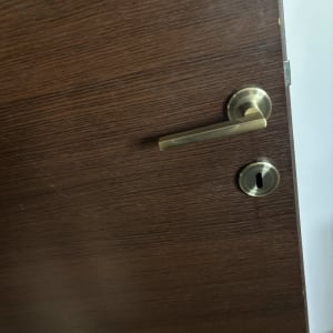 ידית דלת מתכתית על דלת עץ כהה