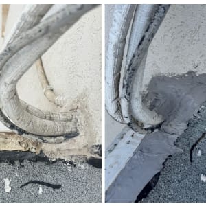 צינורות מבודדים על קיר עם חומר איטום אפור