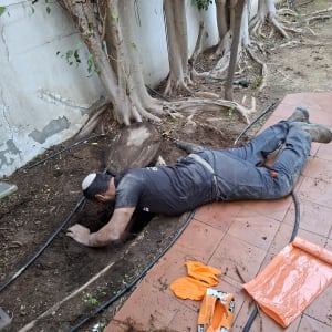 אדם עובד בחפירה ליד עצים עם כפפות כתומות