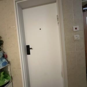 ציפוי דלת כניסה בטפט לבן עם ידית שחורה ועינית הצצה