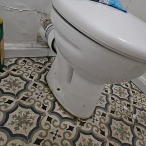 אסלה עם רצפה מעוצבת וקיר פגום