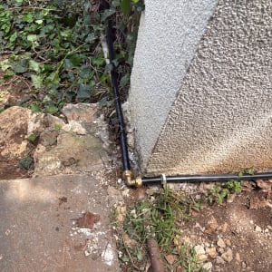 צינור מים מחובר לקיר חיצוני עם צמחייה מסביב